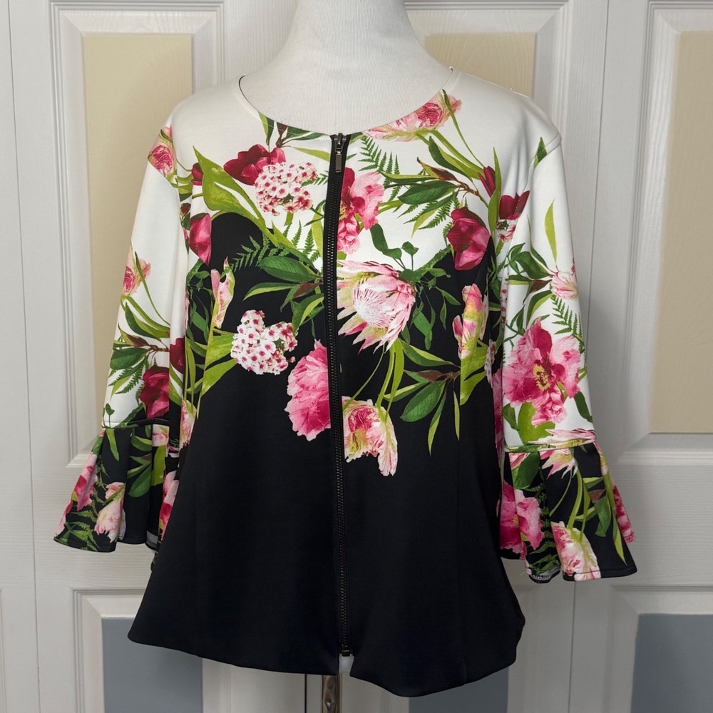 Multiples Womens PXL Black White Pink Floral Print Zipper Front Bell Sleeve Top